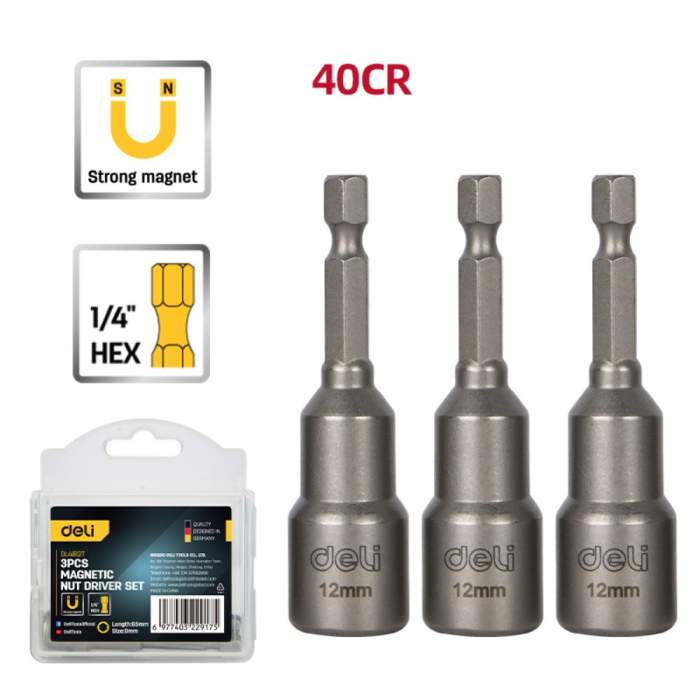 Набор насадок шестигранных магнитных Deli YS EDL4812T, 12 мм, 3 шт, HEX 1/4