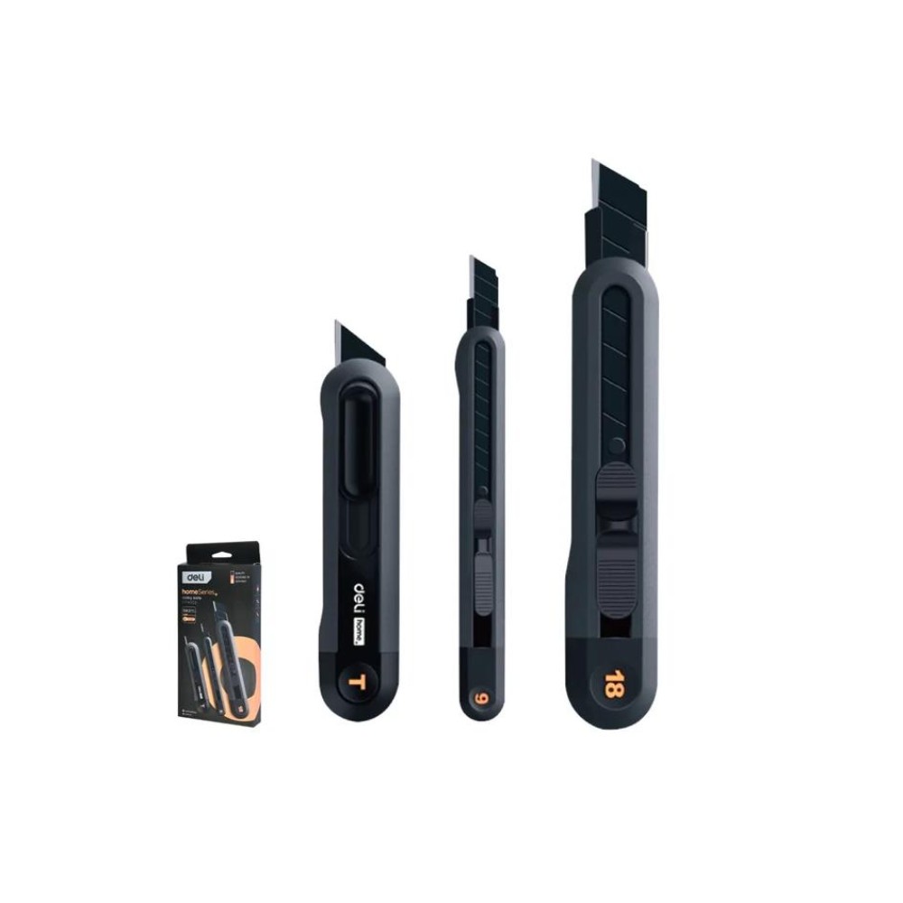 Набор ножей строительных Deli HS EHT4003, 3 шт (ножи 9мм/18мм/трапеция), Soft Touch, черный