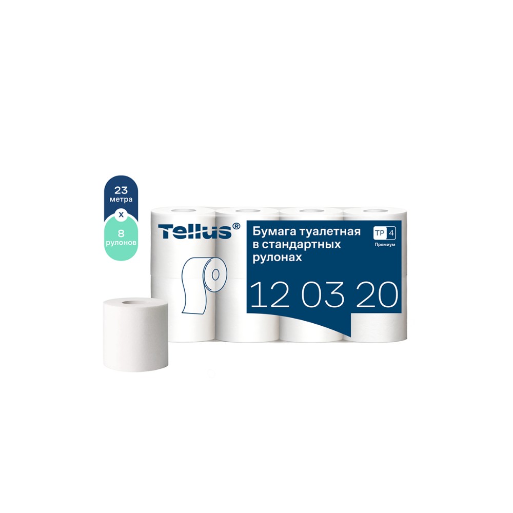 Бумага туалетная Tellus Премиум TP4, 8 рулонов, 23 м, 2 слоя