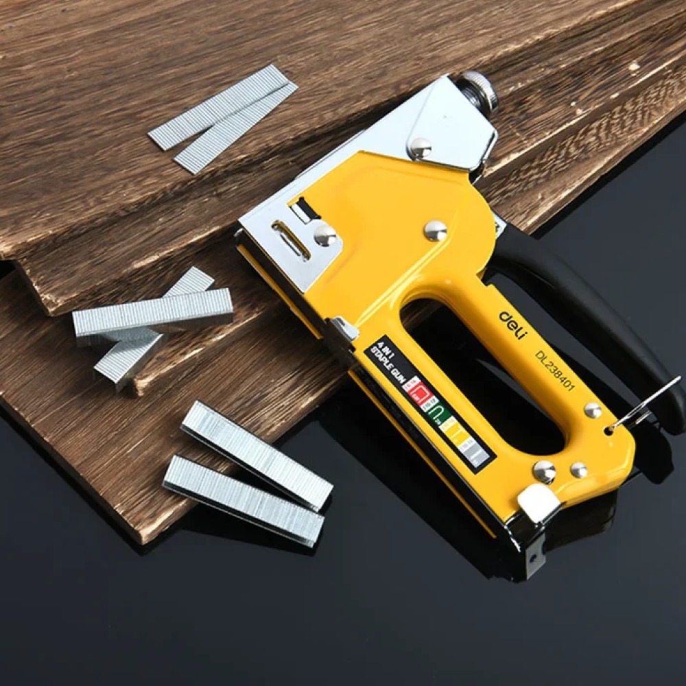 Степлер скобозабивной Deli EDL238401, 4-в-1 + скоба, желтый