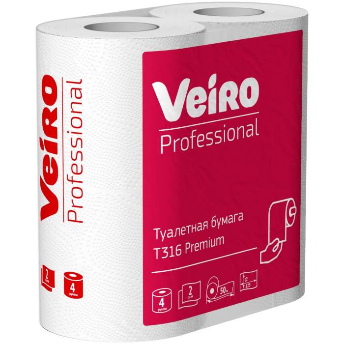 Бумага туалетная Veiro Professional Premium, в стандартных рулонах, 4 рулона, 50 м, 2 слоя