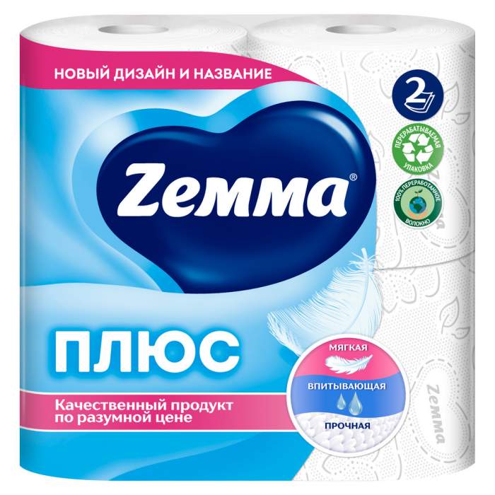 Бумага туалетная Zemma Плюс, 4 рулона, 2 слоя, белый